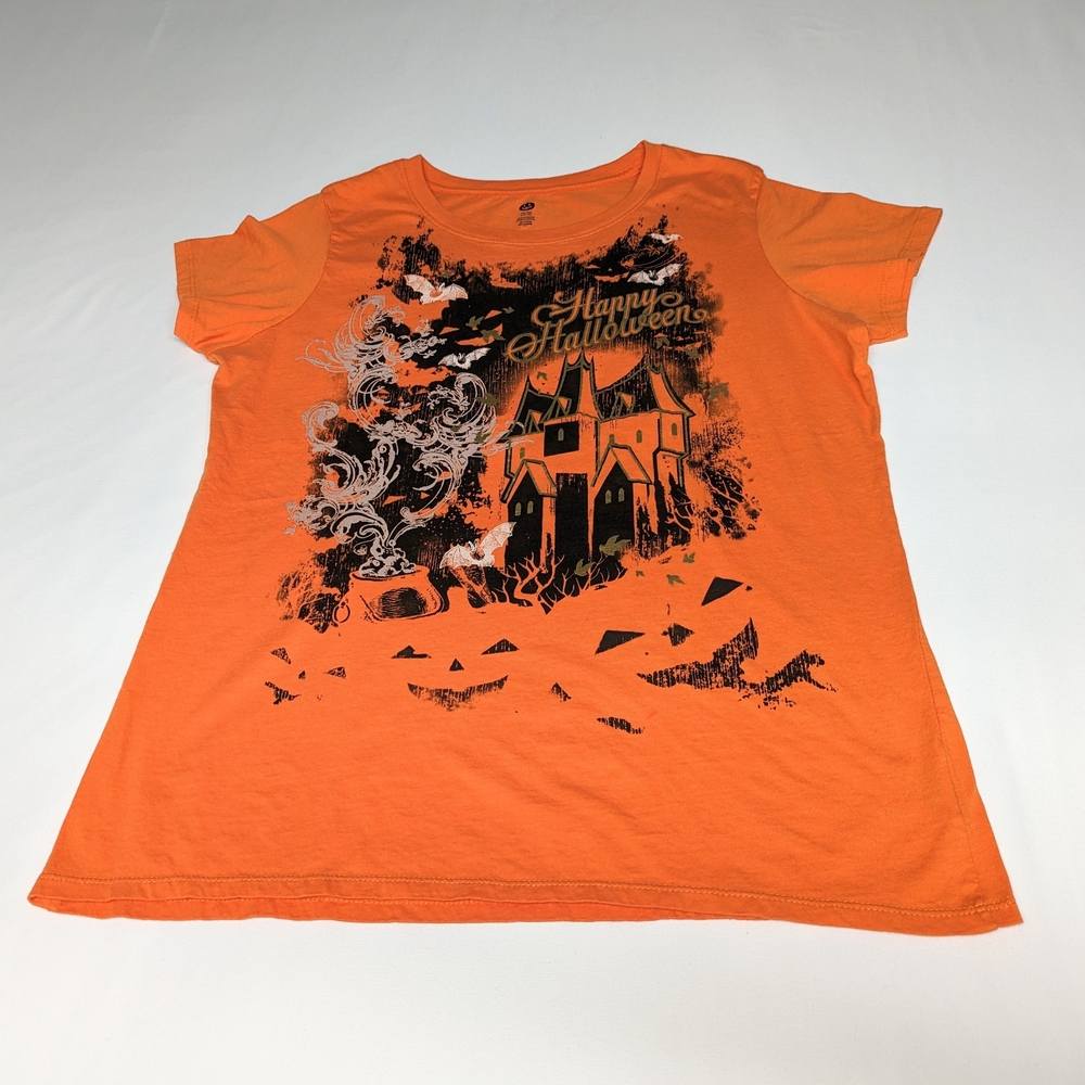 Orange Halloween Adult Tee with Haunted House Design